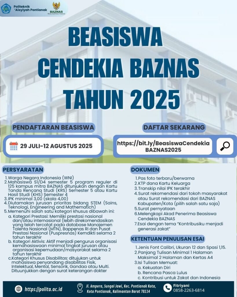 TELAH DIBUKA BEASISWA CENDEKIA BAZNAS TAHUN 2025 🎓